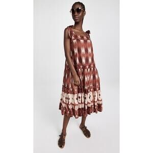 Ro’s Garden Dress Womens S Brown Duna Cotton Ikat Pattern Tie Shoulder Sundress